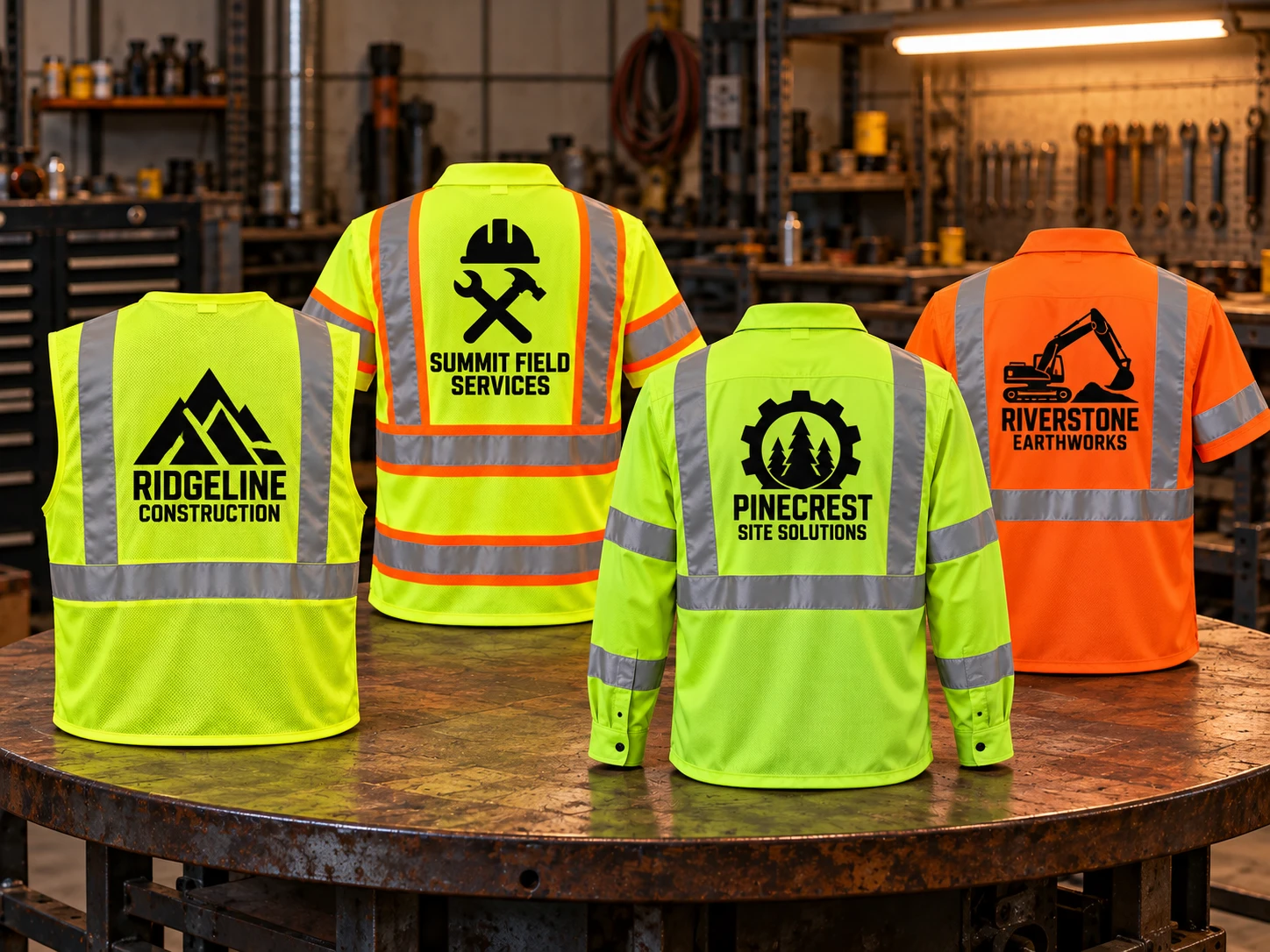 Illustrative printed safety vests and high-visibility shirts