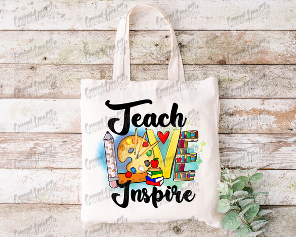 Teach love Inspire Tote Bag, Teacher, Polyester Canvas Reusable Grocery Bag, Sustainable Shoulder Bag