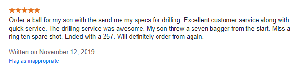 Third - 5 Star Google Review for Buddies Pro Shop drilling service Third - 5 Star Google Review for Buddies Pro Shop drilling service