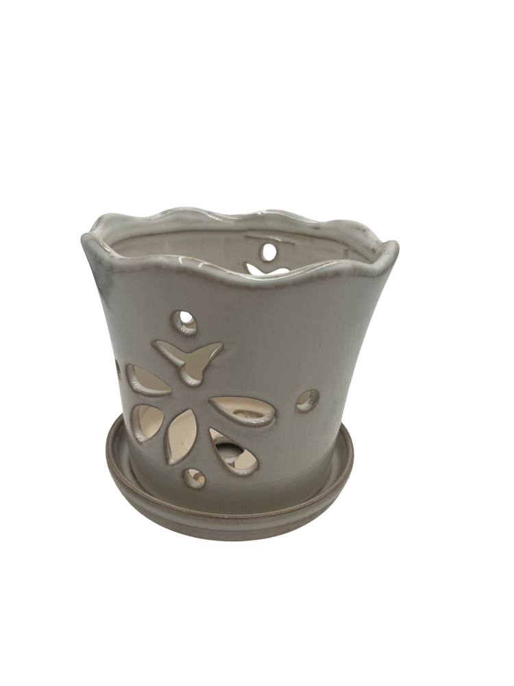 Butterfly Ceramic Orchid Pot/Saucer 5" x 5" - White - #50248