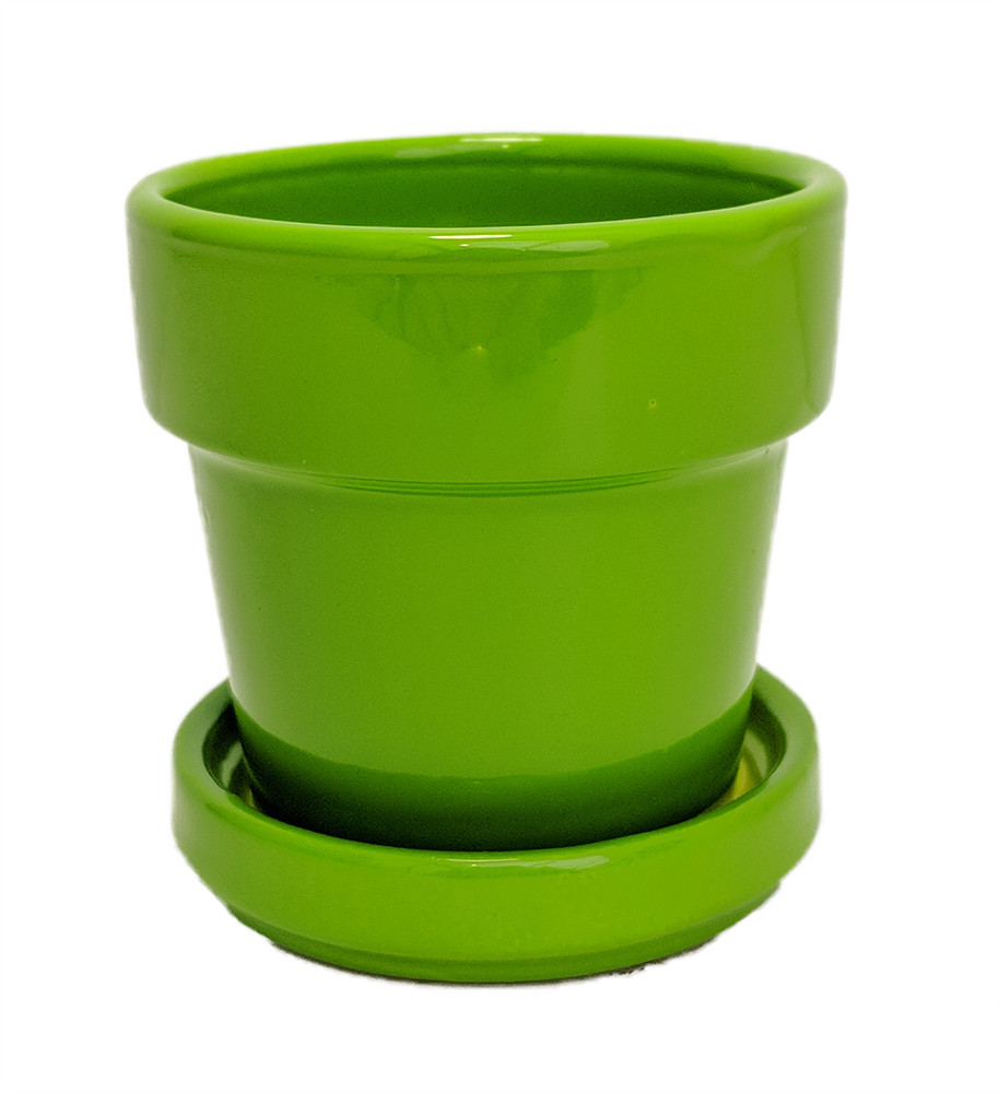 Mini Ceramic Pot + Saucer - 2 3/4" x 2 3/4"- Lime Green