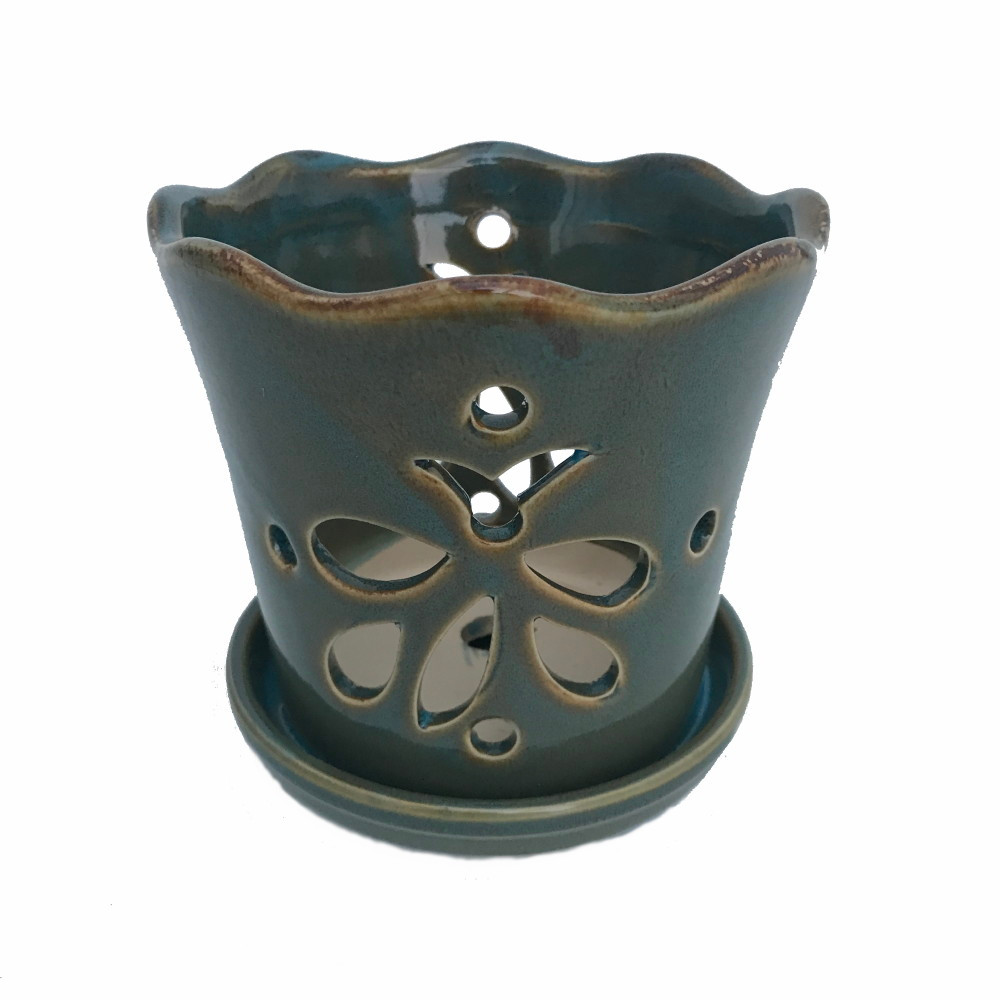 Butterfly Ceramic Orchid Pot/Saucer 5" x 5" - Ocean Teal - #50248