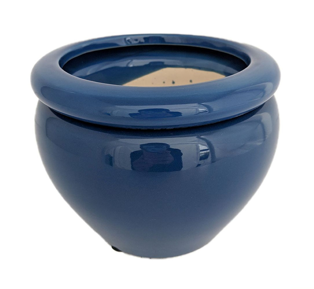 Round Self Watering Glazed Ceramic Pot - Blue - 6 1/4 x 4 3/4"