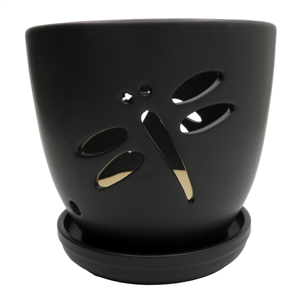 Dragonfly Matte Black Ceramic Orchid Pot and Saucer + Felt Feet-5 1/2" x 5 1/4"