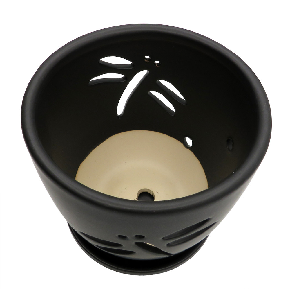 Dragonfly Matte Black Ceramic Orchid Pot and Saucer + Felt Feet-5 1/2" x 5 1/4"