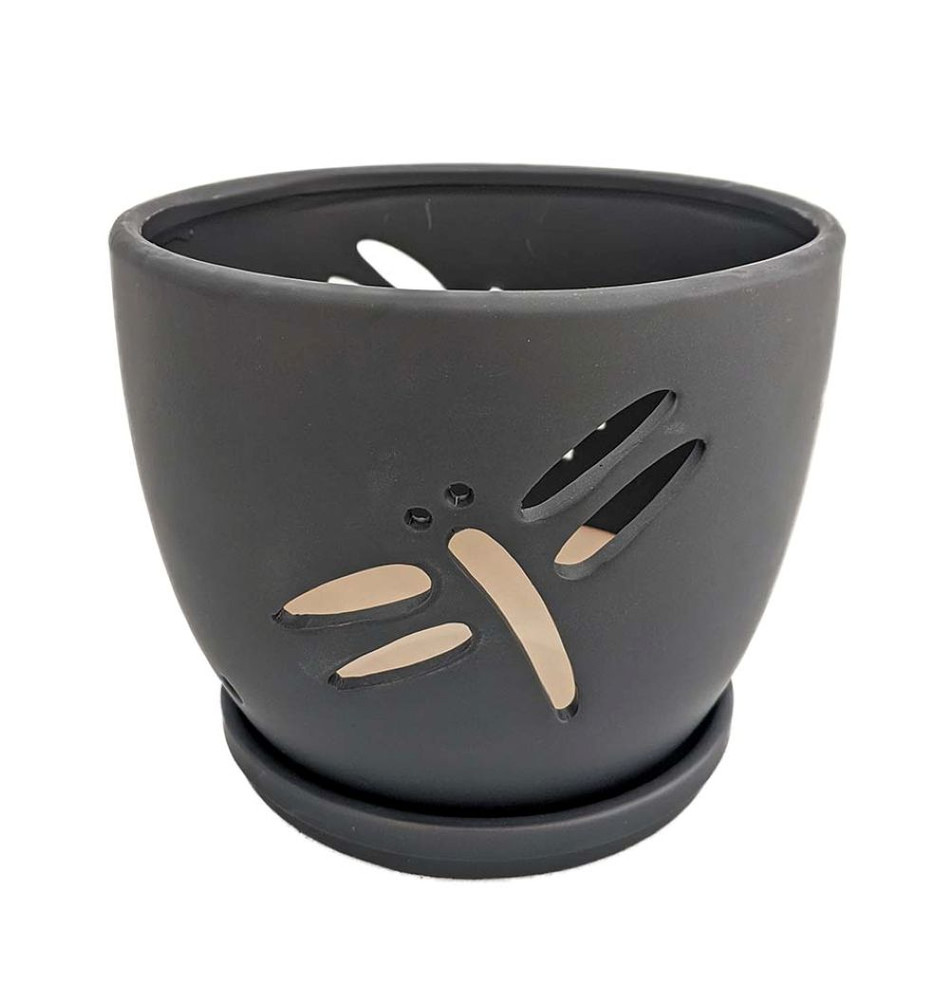 Dragonfly Matte Black Ceramic Orchid Pot and Saucer + Felt Feet-5 1/2" x 5 1/4"