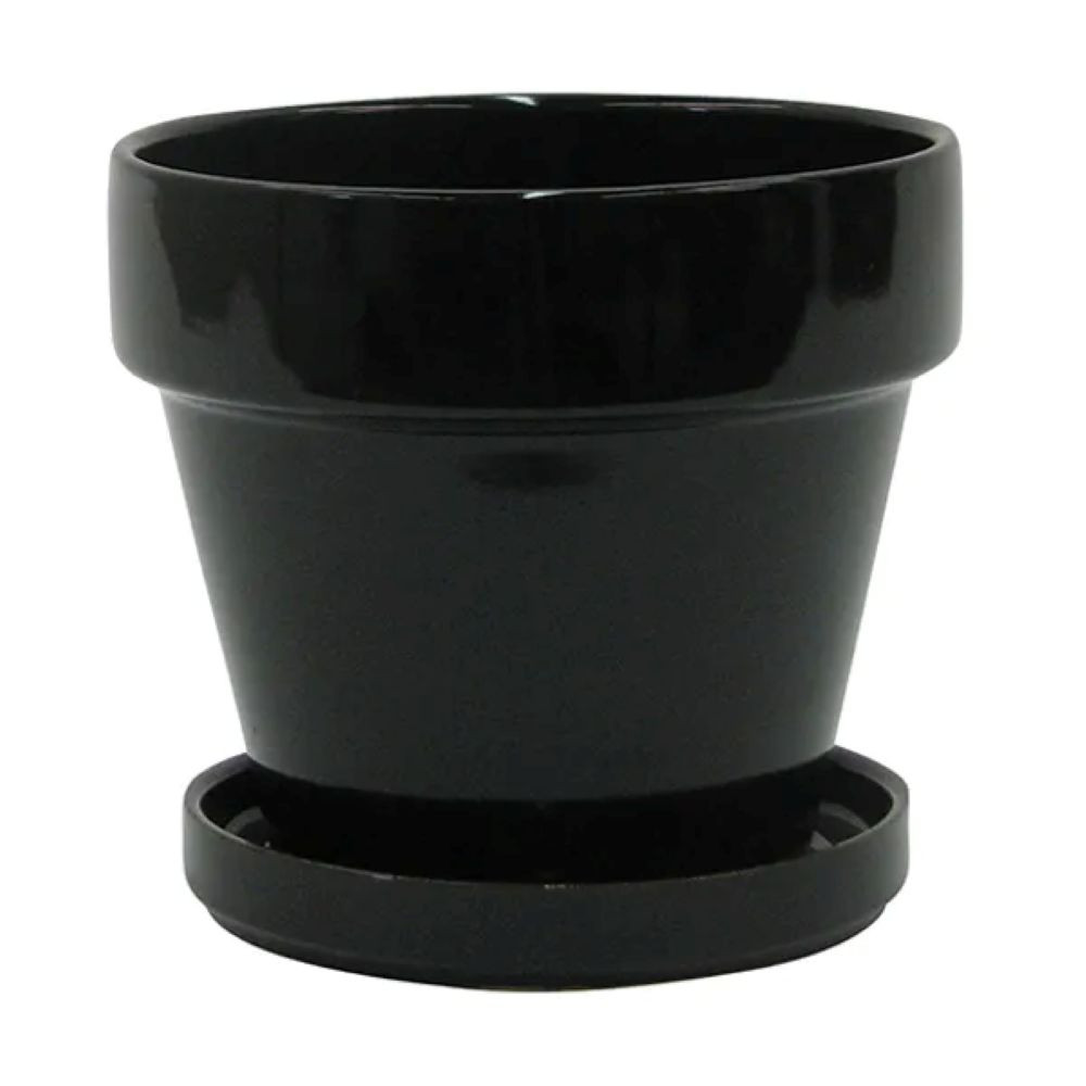 Ceramic Pot and Saucer plus Felt Feet - Black - 4.5" x 4.3"