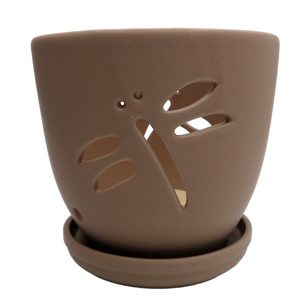 Dragonfly Matte Gray Ceramic Orchid Pot and Saucer + Felt Feet-5 1/2" x 5 1/4"