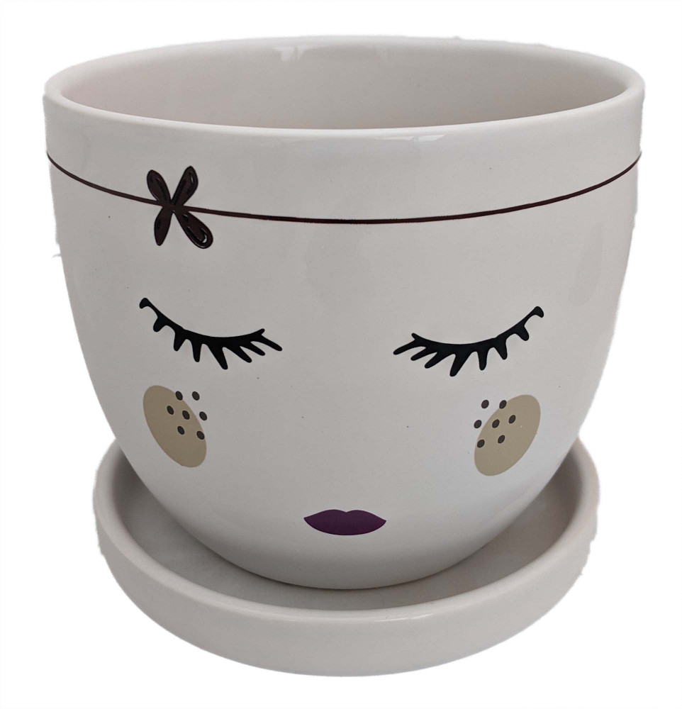 Miss Priss Ceramic Pot with Attached Saucer - Freckles - 5" x 4.25"