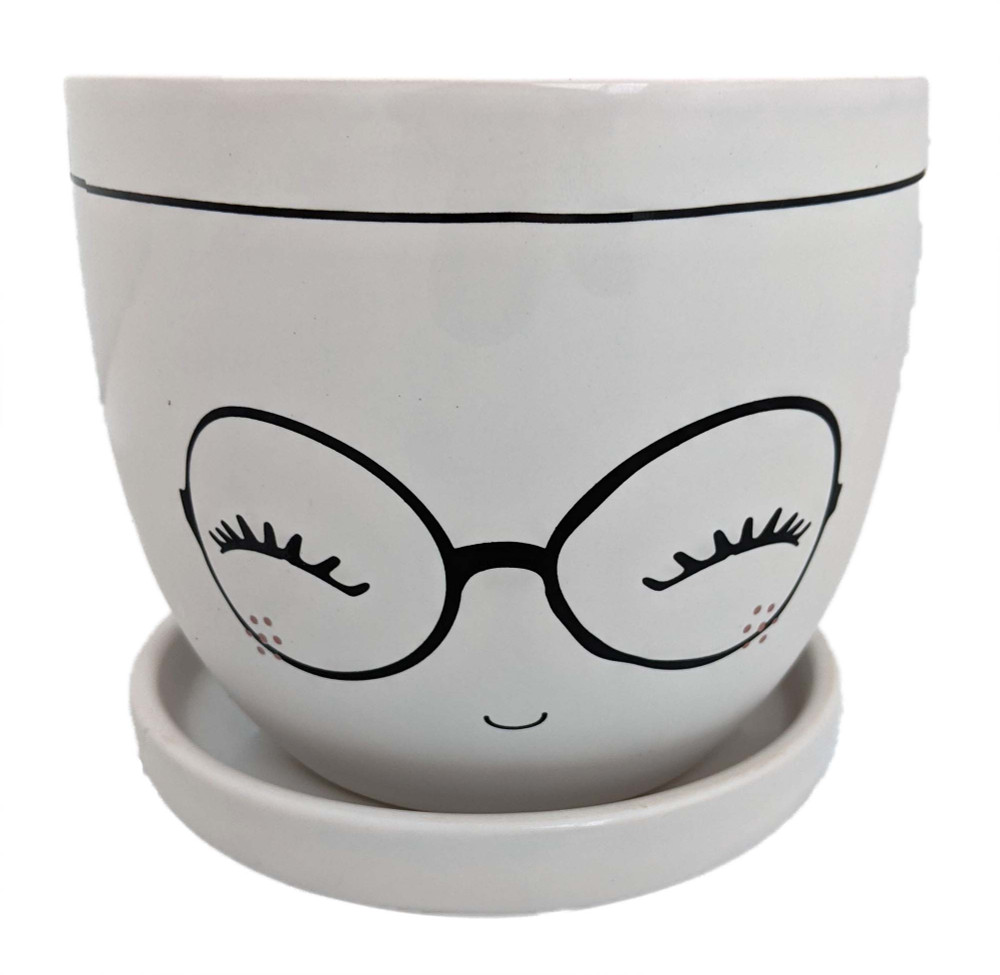Miss Priss Ceramic Pot with Attached Saucer - Glasses - 5" x 4.25"
