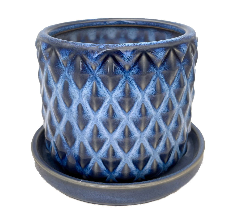 Diamond Blue Ceramic Pot with Attached Saucer - 4.5" x 4.25"