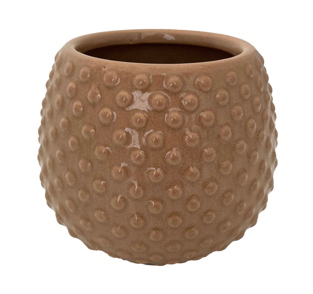 Swiss Dot Ceramic Pot with Attached Saucer - 5.25" x 4.75" - Tan