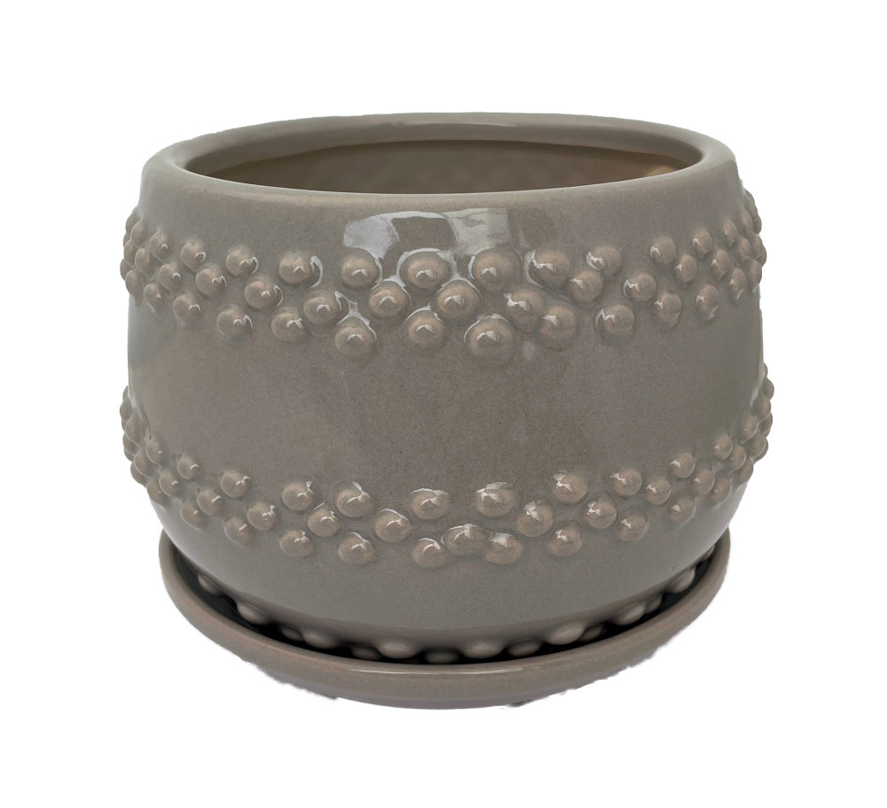 Seneca Ceramic Pot with Attached Saucer - 5" x 4.25" - Light Grey
