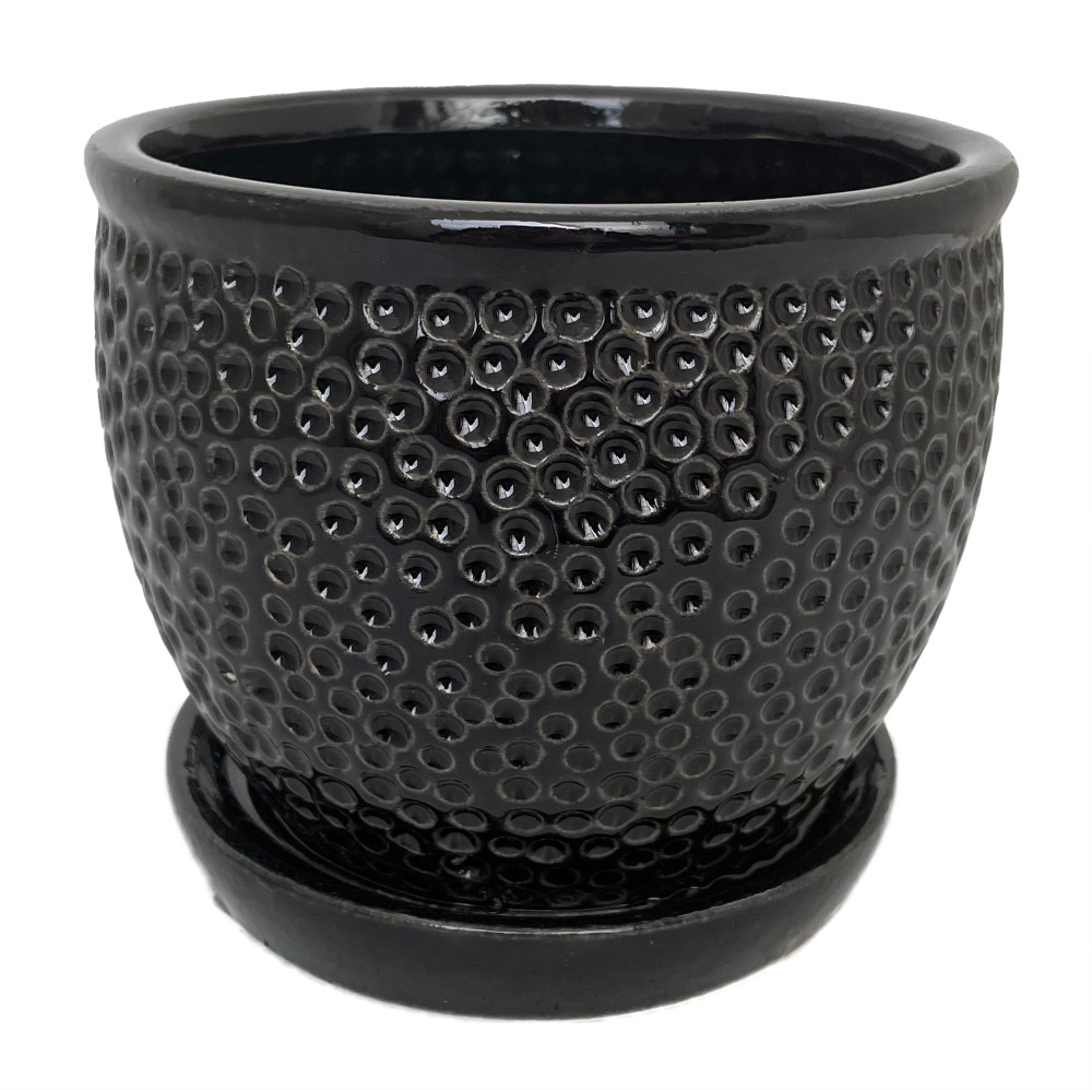 Pebble Black Ceramic Pot with Attached Saucer - 5.5" x 4.75"