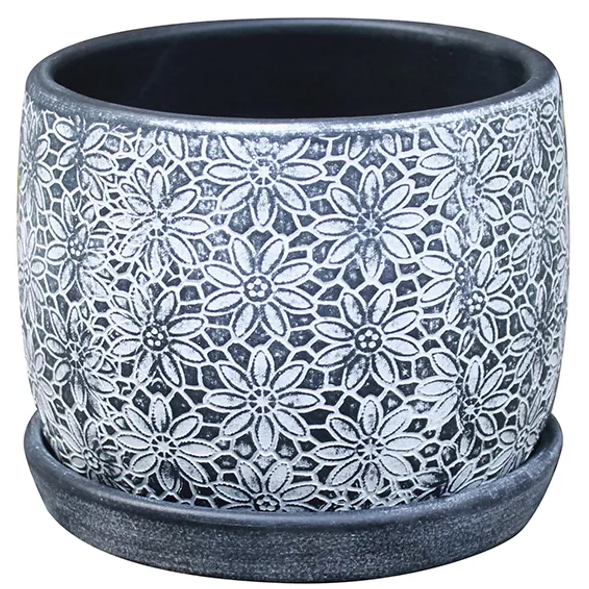 Floral Lace Stamp Planter with Attached Saucer - 5.5" x 4.5" - Black