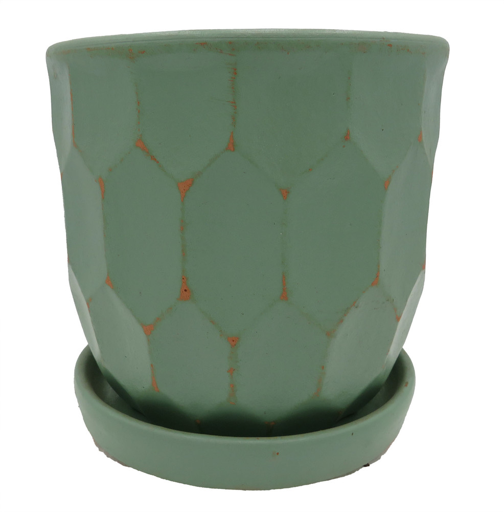 Distressed Honeycomb Pot with Attached Saucer - 5.5" x 5.5" - Sage
