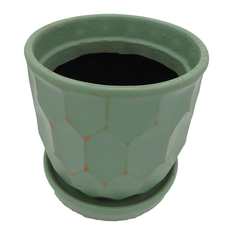 Distressed Honeycomb Pot with Attached Saucer - 5.5" x 5.5" - Sage