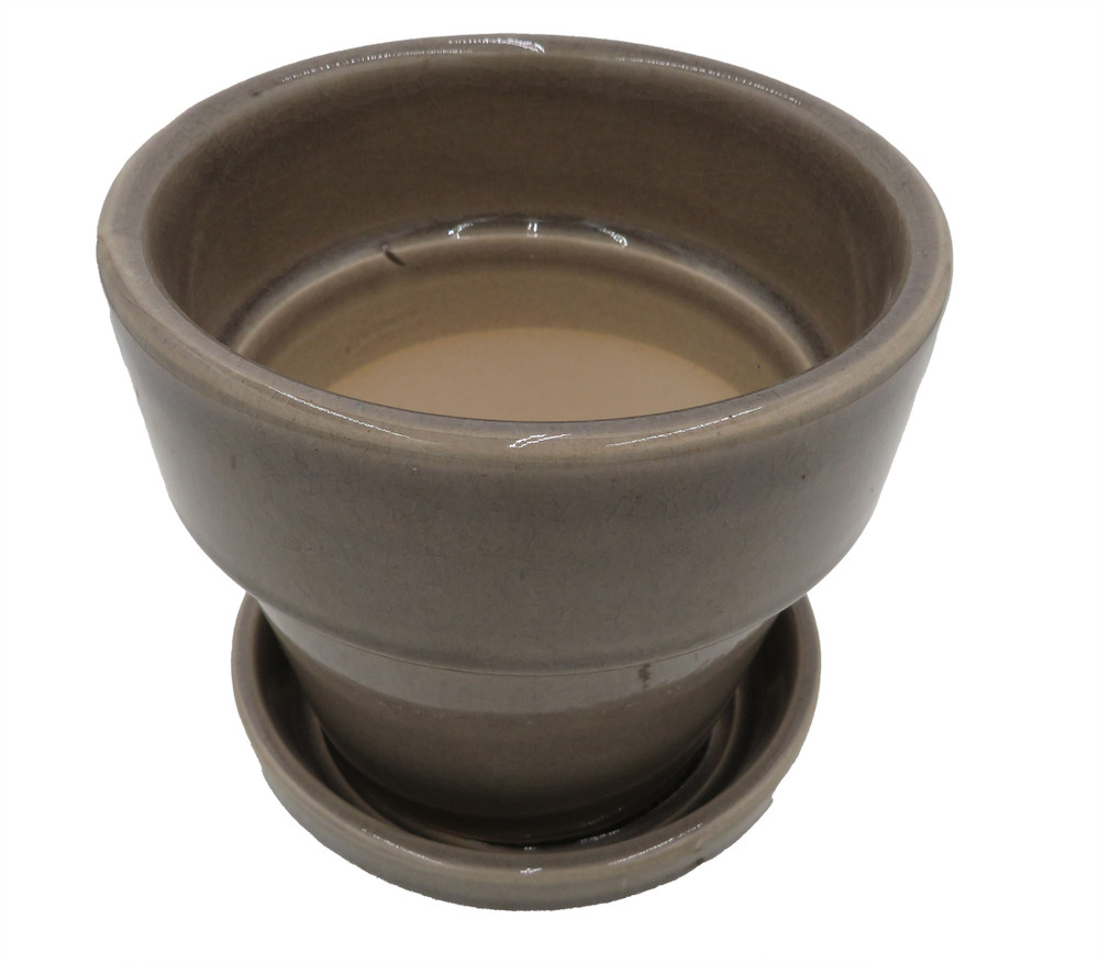 Standard Pot with Attached Saucer - 4.5" x 4" - Crackle Grey