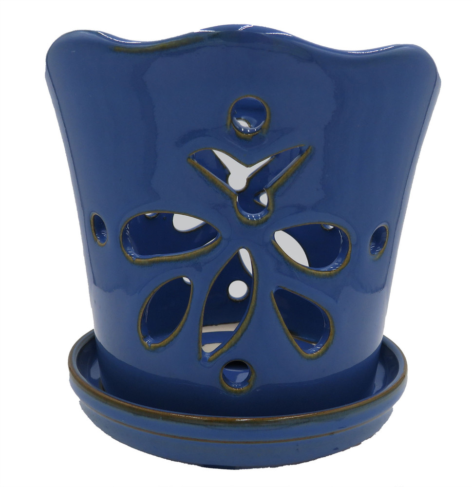 Butterfly Orchid Pot with Attached Saucer, 5" x 5" - Blue