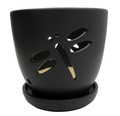 Dragonfly Matte Black Ceramic Orchid Pot and Saucer + Felt Feet-5 1/2" x 5 1/4"