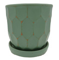 Distressed Honeycomb Pot with Attached Saucer - 5.5" x 5.5" - Sage
