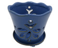 Butterfly Orchid Pot with Attached Saucer, 5" x 5" - Blue