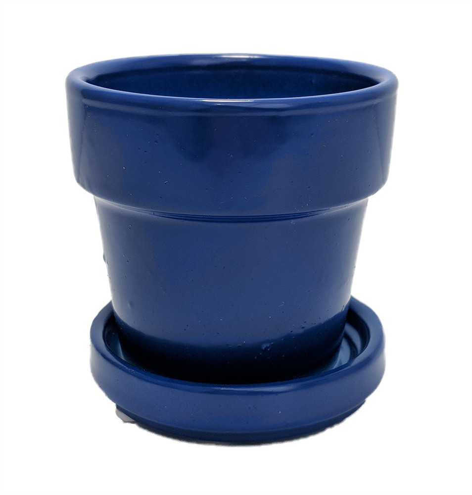 Glazed Ceramic Pot/Saucer Blue 4 3/8" x 4" 11933 Hirt's Gardens