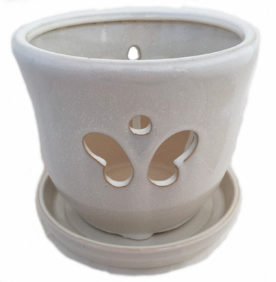 Butterfly Ceramic Orchid Pot/Saucer + Felt Feet - Antique White -5 1/2" x 5 1/4"