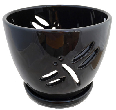 Dragonfly Black Ceramic Orchid Pot and Saucer + Felt Feet-5 1/2" x 5 1/4" #44234