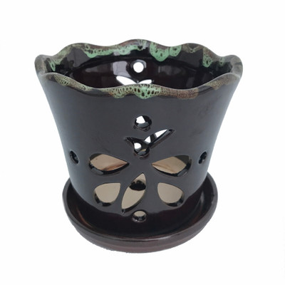 Butterfly Ceramic Orchid Pot/Saucer 5" x 5" - Dark Brown Moss - #50248