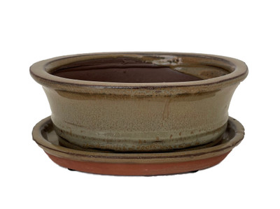 Ceramic Bonsai Pot/Saucer - Mustard Oval - 6 1/8" x 4 1/2" x 2" with Felt Feet