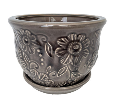 Wildflower Grey Ceramic Pot with Attached Saucer - 8" x 6"