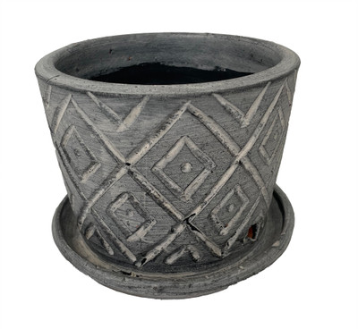 Rustic Thai Garden Charcoal Ceramic Pot with Attached Saucer - 6" x 6"