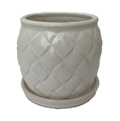 Camilia Ceramic Pot with Attached Saucer - 6" x 5" - Alabaster