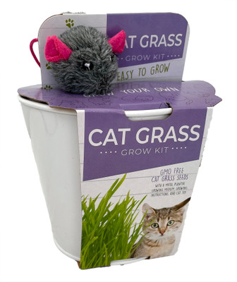 Cat Grass Grow Kit - Metal Planter,Growing Medium,GMO-Free Seeds and Mouse Toy