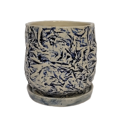 Crepe Planter with Attached Saucer - 5.5'' x 5'' - Indigo on Cotton