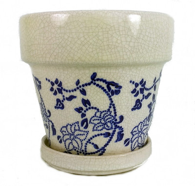 Blue and White Floral Glazed Ceramic Pot - 4.5" x 4.25"
