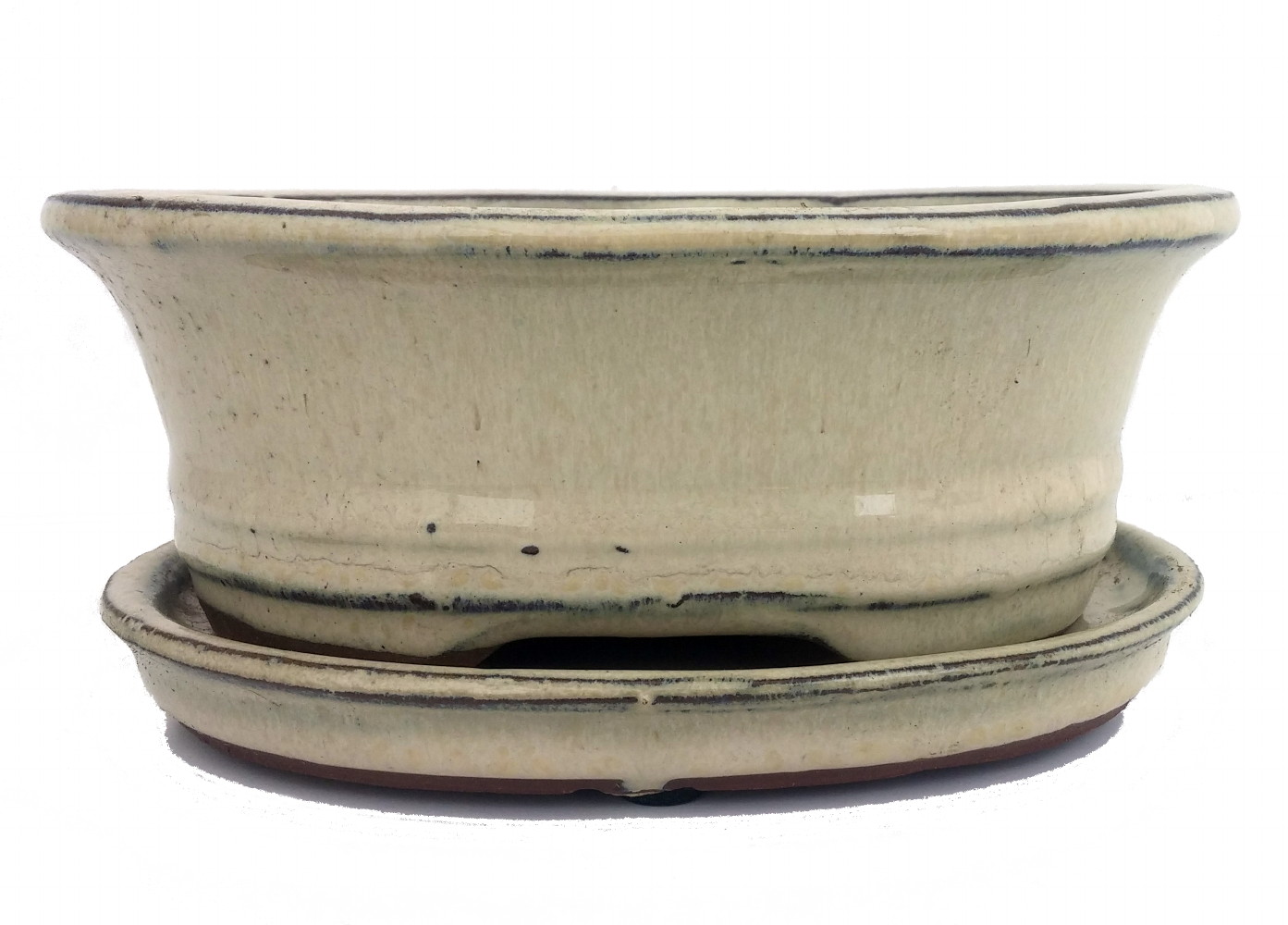 Ceramic Bonsai Pot/Saucer - Beige/Oval - 6 1/8