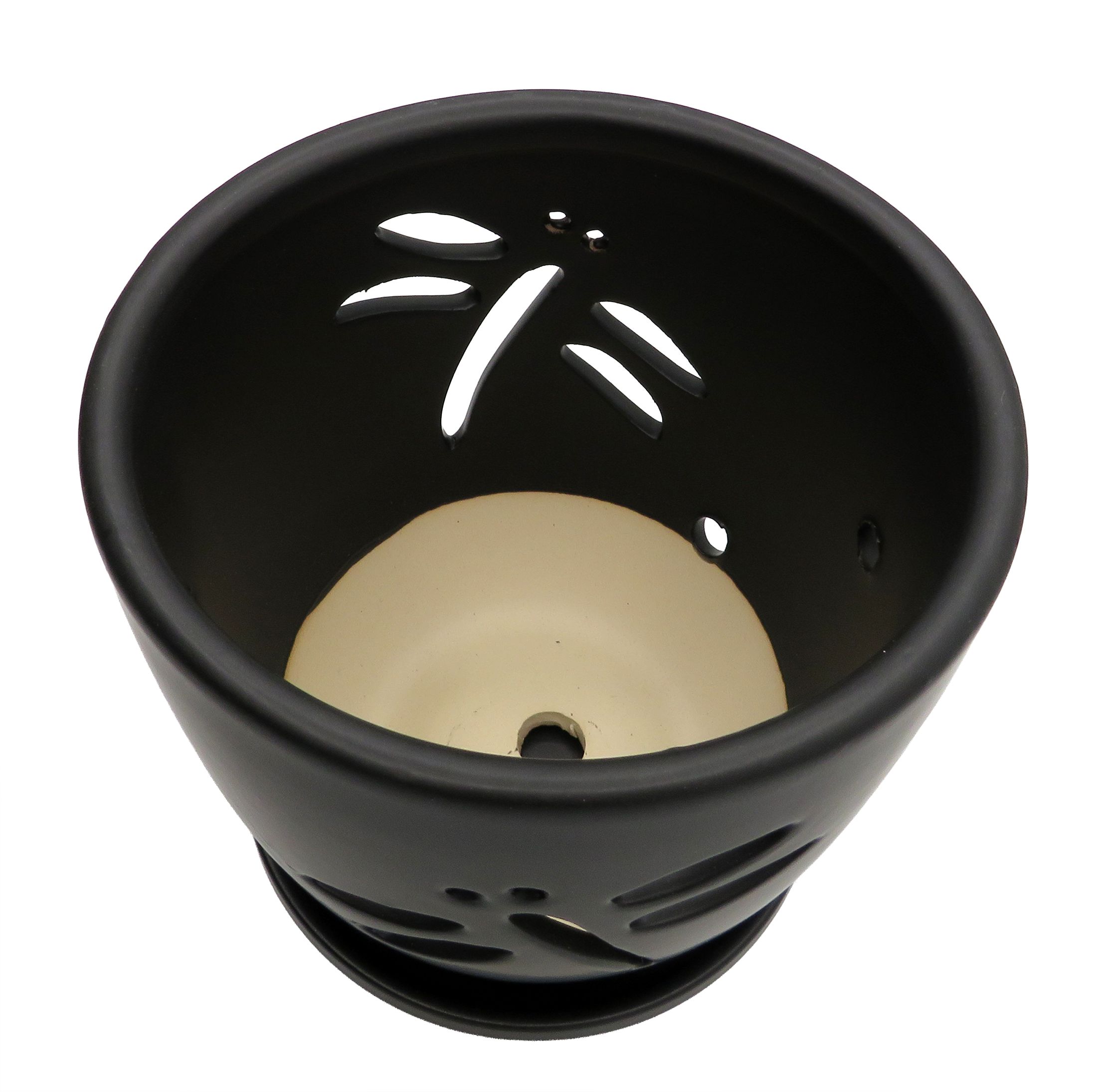 Dragonfly Matte Black Ceramic Orchid Pot and Saucer + Felt Feet-5