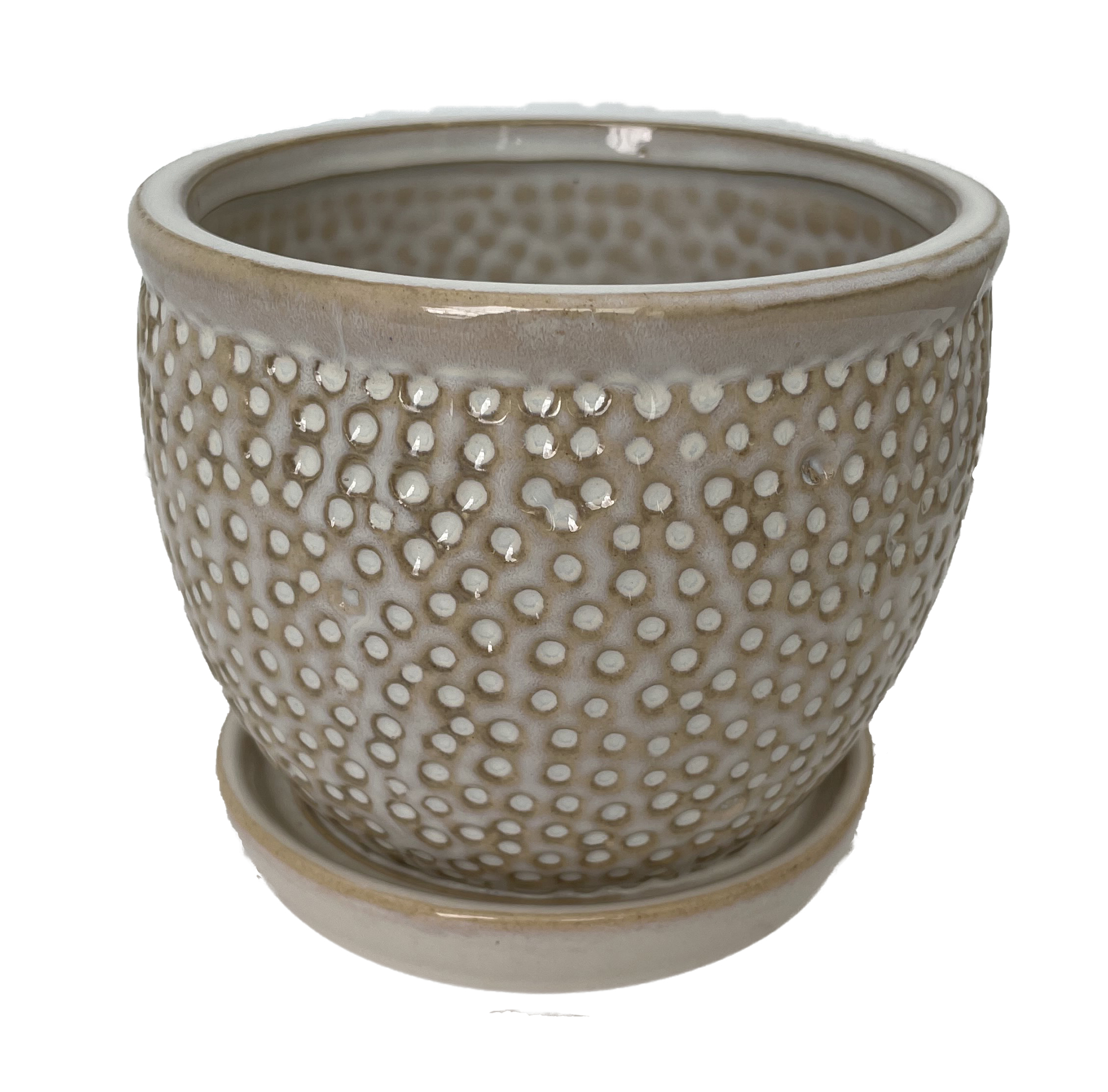 Pebble Beige Ceramic Pot with Attached Saucer - 5.5" x 4.75"