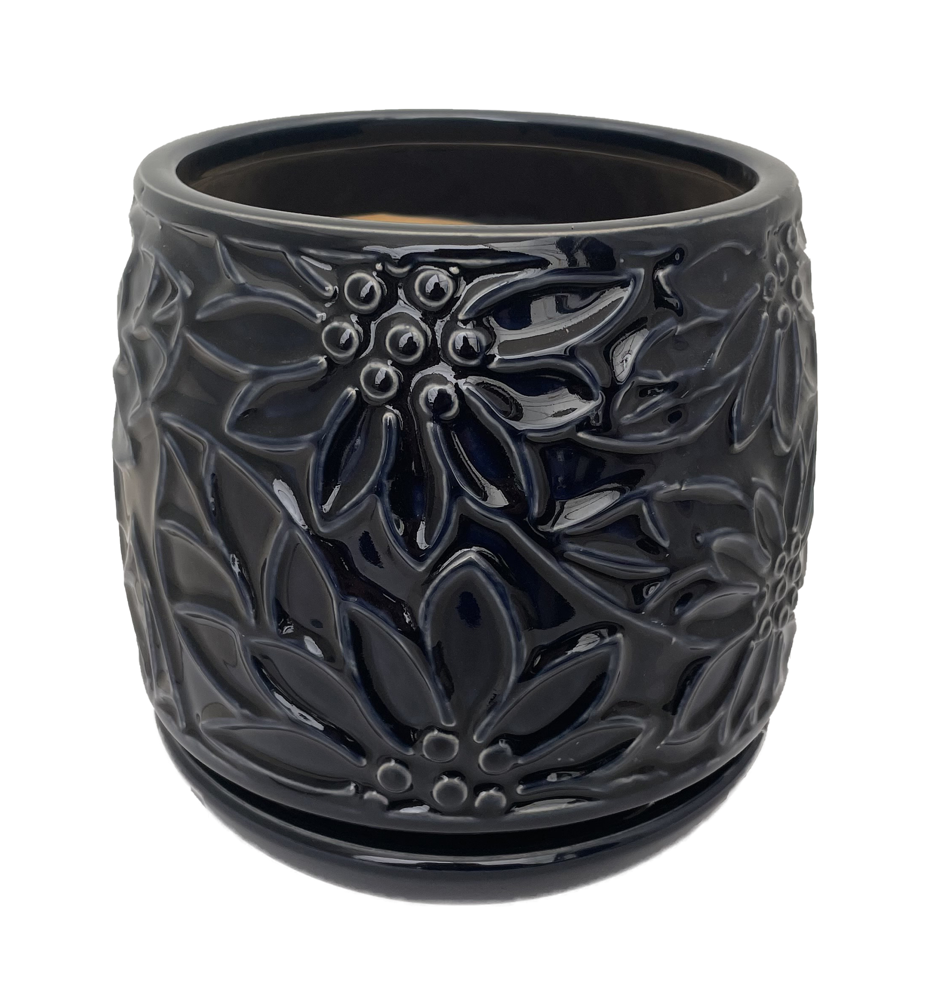 Botanical Delica Ceramic Pot with Attached Saucer 6" x 6.25" Dark