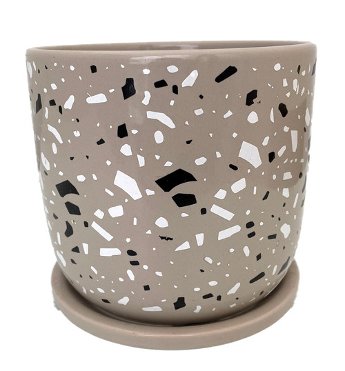 Terrazzo Speckle Planter with Attached Saucer - Grey - 6\