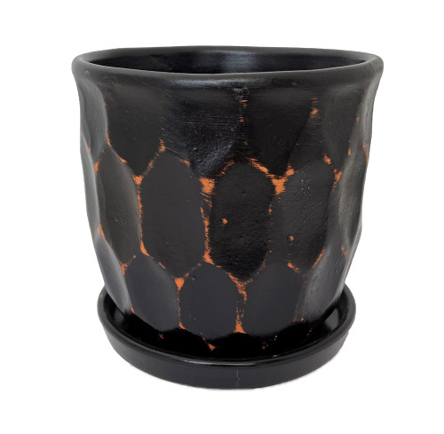 Distressed Honeycomb Ceramic Planter with Attached Saucer - Black