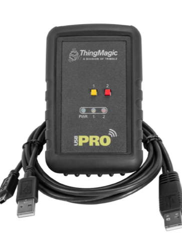 ThingMagic USB Pro RFID reader with indicator lights and USB cable.