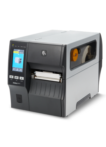 Zebra industrial RFID label printer with digital control panel.