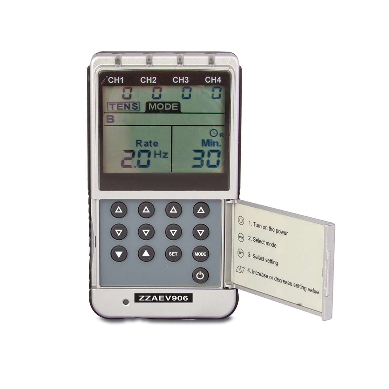 Digital 4-channel EMS/TENS unit, portable/battery or AC adapter