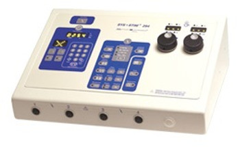 Product Description
The Sys*Stim 294 is a four channel neuromuscular stimulator with six stimulation waveforms: Interferential, Premodulated, Medium Frequency, Biphasic, High Volt and Microcurrent. Up to four different treatment protocols may be run simultaneously giving maximum treatment flexibility. The Sys*Stim 294 has soft-touch control knobs to allow the clinician to adjust the stimulation intensity with confidence.
The 294 is easy to use and allows the clinician optimal flexibility when it comes to waveform parameters.
Weight: 9.4 pounds (4.3 kg.)
Dimensions: 5 in (H) x 14.5 in (D) x 10 in (L), 12.7 cm (H) x 36.8 cm (W) x 25.4 cm (D)
Warranty: 2 years