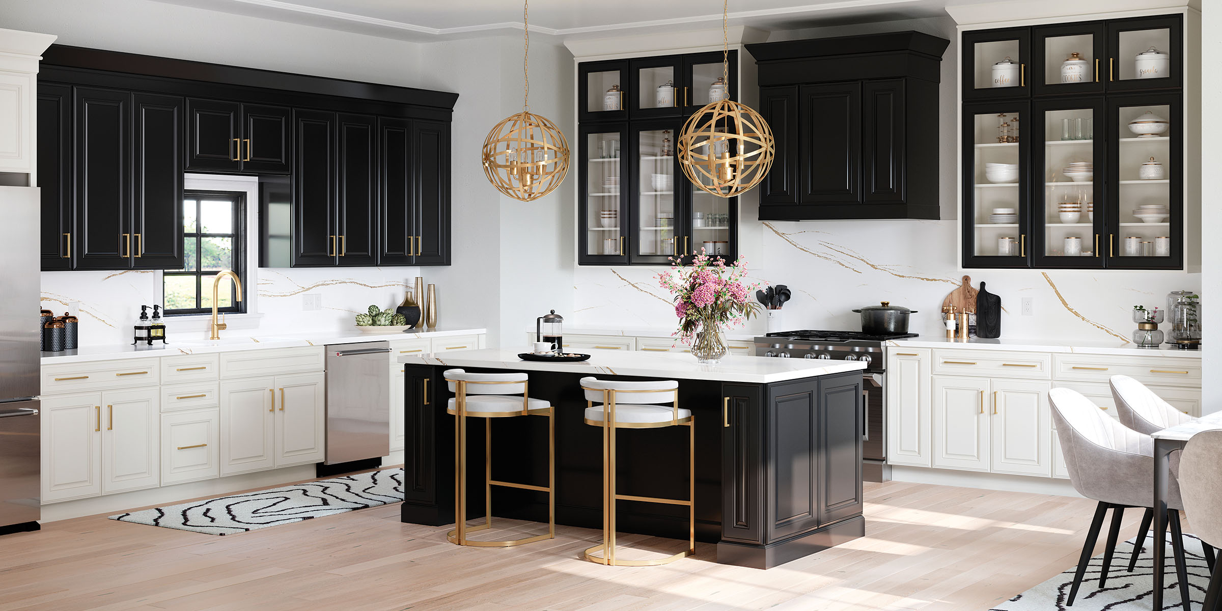 File:White kitchen with cabinet doors and drawers opened or