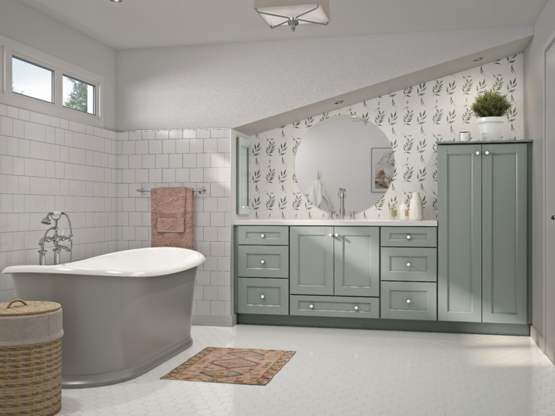 Traditional bathroom with two Masterpiece vanity sink bases in Thermofoil White