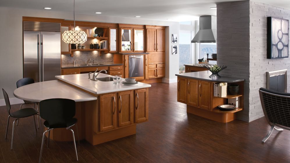 Contemporary kitchen featuring Passport Series cabinets in Praline finish